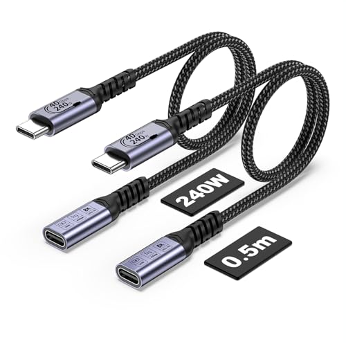 USB C Extension Cable 240W, 1.5FT, 2 Packs, 40Gbps Data, 8K Video - size: 1.5 ft