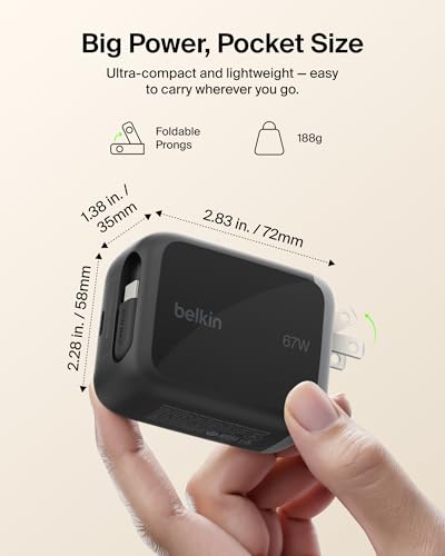 Belkin 67W GaN USB C Retractable Charger Block Fast Charging for Travel - color: Black, style: 67W