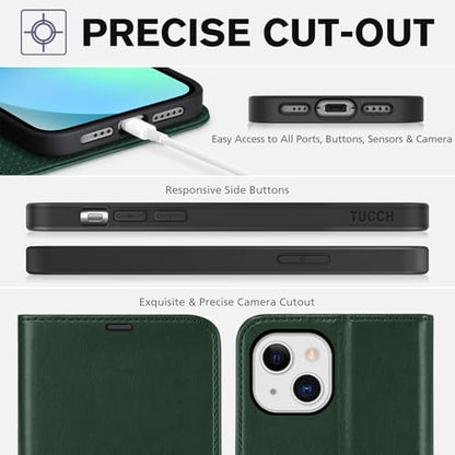 TUCCH Wallet Case for iPhone 13 (6.1") 2021, Flip Stand, Midnight Green | RFID Blocking, 3 Card Holders, Kickstand, PU Leather, Shockproof TPU Shell, Magnetic Closure, Protective Folio Cover - color: Dark Green