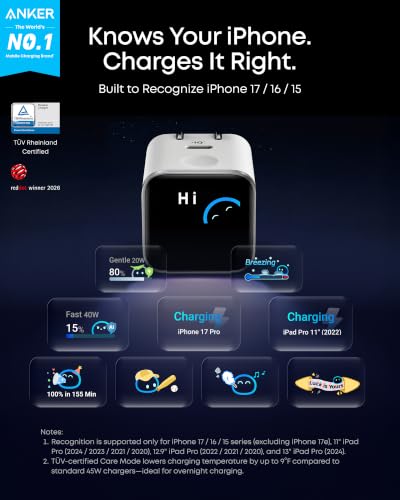 Anker Nano Smart Display Charger, 45W Max Fast Charger USB C for iPhone 17 - color: White