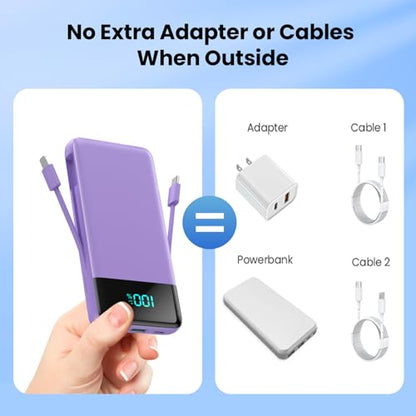 Portable Charger for iPhone,13800mAh Slim Power Bank with Built-in Cables & AC Wall Plug,All in One 4 Outputs USB C Fast Charging Battery Pack for iPhone 17/16/15/14,Android,Travel Essential (Purple) - color: Purple