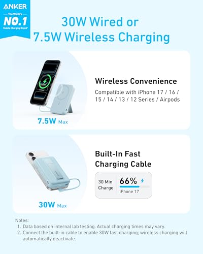 Anker Zolo Magnetic Power Bank, 10,000mAh Wireless Portable Charger | Magnetic Battery Pack with 30W Max Fast Charging, Built-in USB-C Cable and Adjustable Stand, for iPhone 17/16/15 Series - color: Black