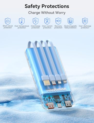 Nusyddy Portable Charger 10000mAh with 4 Built-in Cables & 6 Outputs Blue - color: Blue