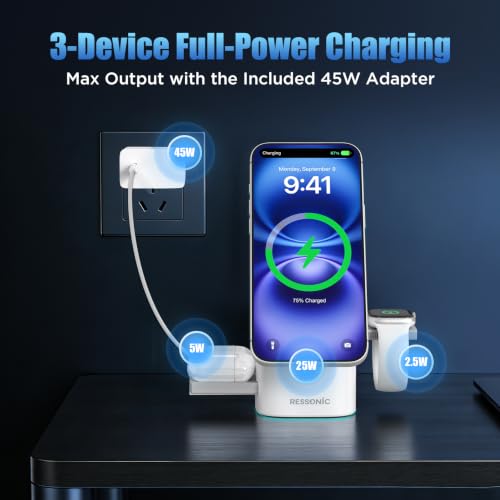 25W 3 in 1 Wireless Charging Station for Apple&Samsung, Desk Night Stand - color: Desert Color