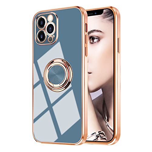 Compatible with iPhone 13 Rose Gold Case for Women Girls - Kickstand Ring Holder 360 TPU Rotation with Stand, Glitter Plating Edge, Magnetic Mount - Slim Luxury Girly Cover Gray - color: Gray, size: iPhone 13