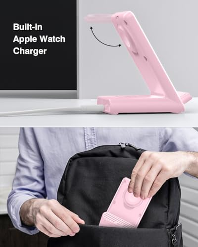 Wireless Charging Station,3 in 1 Charging Stand for Apple Multiple Devices - color: Pink