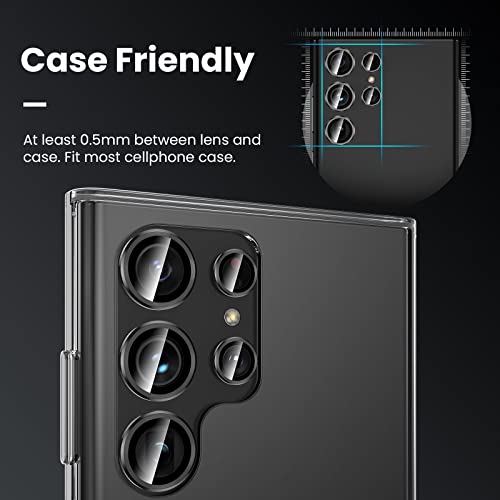 Tensea [3+2PCS for Samsung Galaxy S23 Ultra 5G Camera Lens Protector, 9H Tempered Glass Camera Cover Screen Protector Metal Individual Ring [Installation Tray][Removal tool][Case Friendly]- Black