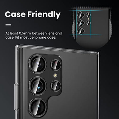 Tensea [3+2PCS for Samsung Galaxy S23 Ultra 5G Camera Lens Protector, 9H Tempered Glass Camera Cover Screen Protector Metal Individual Ring [Installation Tray][Removal tool][Case Friendly]- Black