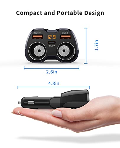 Cigarette Lighter Splitter, SUPERONE 180W 2-Socket Adapter with PD USB-C - color: Black
