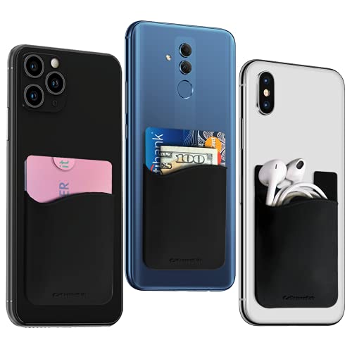 USA Merchant Redesigned Card Holder - Silicone Stick on Cell Phone Wallet with Pocket for Credit Card ID Business Card - iPhone Android & Smartphones (Black) - color: Black