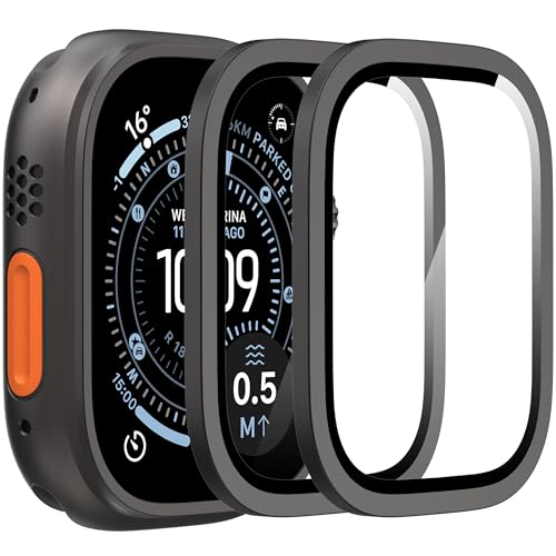 Suoman 2-Pack for Apple Watch Ultra 3/2/1 49mm Case, Waterproof Ultra-Thin Full Coverage Metal Tempered Glass Screen Protector Cover Case -Black - color: Black