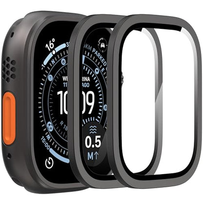 Suoman 2-Pack for Apple Watch Ultra 3/2/1 49mm Case, Waterproof Ultra-Thin Full Coverage Metal Tempered Glass Screen Protector Cover Case -Black - color: Black