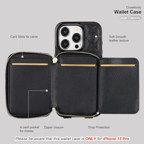 Bocasal Crossbody Wallet Case Card Holder for iPhone 15 Pro, Black | RFID Blocking PU Leather Zipper Handbag Purse, Kickstand Flip Folio Case with Card Slots Holder Wrist Strap Lanyard 6.1 Inch - color: Black