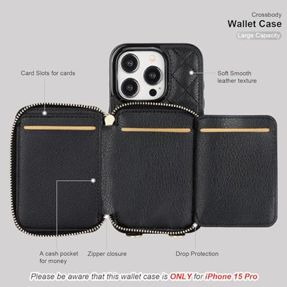 Bocasal Crossbody Wallet Case Card Holder for iPhone 15 Pro, Black | RFID Blocking PU Leather Zipper Handbag Purse, Kickstand Flip Folio Case with Card Slots Holder Wrist Strap Lanyard 6.1 Inch - color: Black