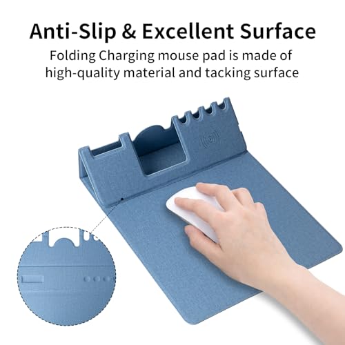Mouse Pad with Phone Holder & Pen Holders, Wireless Charging Desk Mat, Mousepad Home Office Desk Pad with Ultra-Smooth Surface, Non-Slip Base, Waterproof Keyboard Pad, Classic Blue Desk Mat - color: Blue