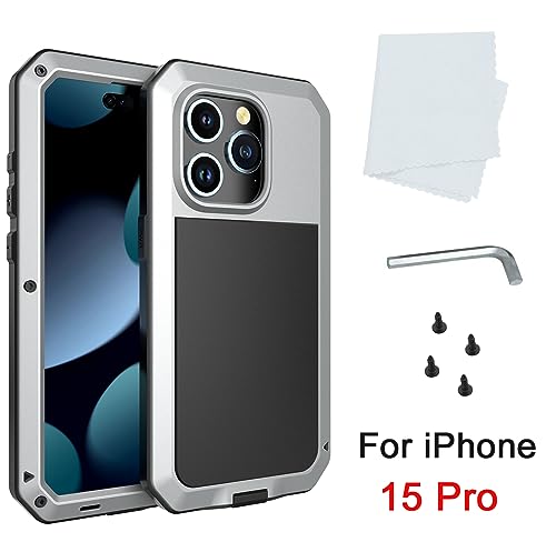 Compatiable with iPhone 15 Pro Case,360 Full Body Protective Cover Heavy Duty Shockproof Tough Armour Aluminum Alloy Metal Case with Silicone Built-in Screen Protector - Silver - color: Silver