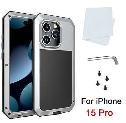 Compatiable with iPhone 15 Pro Case,360 Full Body Protective Cover Heavy Duty Shockproof Tough Armour Aluminum Alloy Metal Case with Silicone Built-in Screen Protector - Silver - color: Silver