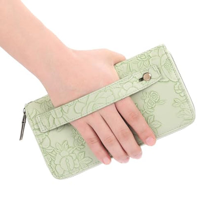 GAEKEAO RFID Leather Wristlet Wallet for Women with Grip Strap | Large capacity clutch wallet, credit card holder, wrist strap, zipper purse, travel and shopping - color: A12 Embossed Light Green-1
