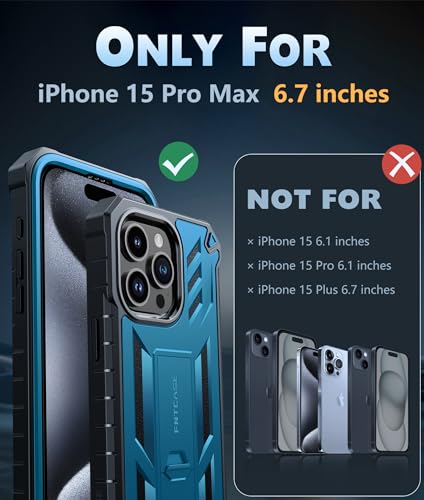 FNTCASE for iPhone 15 Pro Max Case, Built-in Screen Protector, Kickstand | Military-Grade Drop Protection, Anti-Slip Matte Textured, Rugged Heavy Duty Shockproof TPU Protective Cover - color: Blue