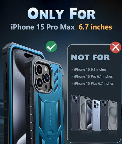 FNTCASE for iPhone 15 Pro Max Case, Built-in Screen Protector, Kickstand | Military-Grade Drop Protection, Anti-Slip Matte Textured, Rugged Heavy Duty Shockproof TPU Protective Cover - color: Blue
