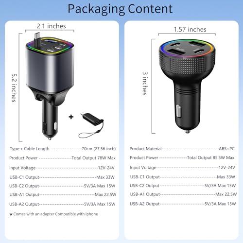 Retractable Car Charger USB C 78W & 85.5W 4 in 1 Fast Car Charger - color: Dark gray