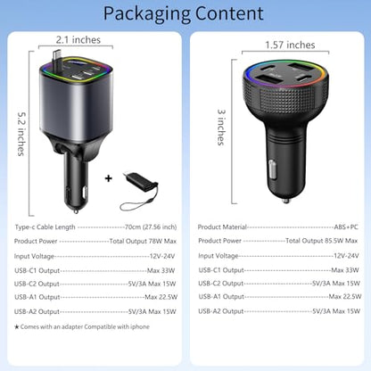 Retractable Car Charger USB C 78W & 85.5W 4 in 1 Fast Car Charger - color: Dark gray