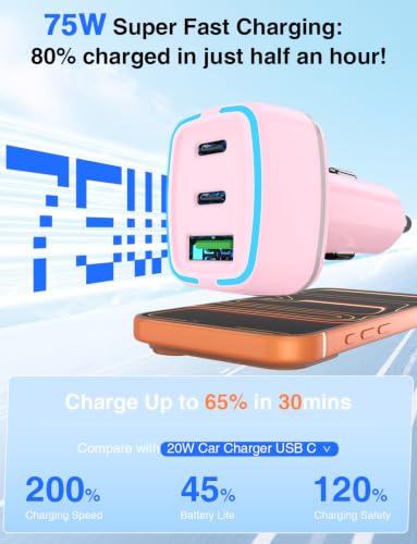75W USB C Car Charger, 3-Port Super Fast Charging Cigarette Lighte - color: Pink