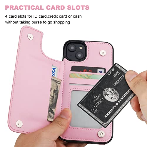 ONETOP for iPhone 14 Plus Wallet Case with Credit Card Holder,Pink | Kickstand,ID/Cash Holder,Case Wallet with Card Slots,Double Magnetic Clasp,Durable PU Leather Shockproof Cover for Women Men - color: Pink
