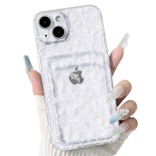 NITITOP Compatible with iPhone 15 Case Clear with Card Holder Cute Flower Floral Leave Pattern for Women Girl Soft TPU Shock-Absorbing Wallet Case Protective Phone Cover - White - color: White, size: iPhone 15