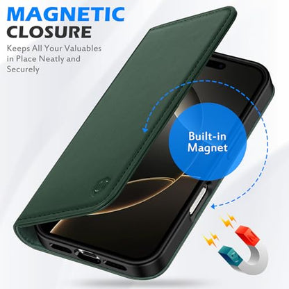 SHIELDON Genuine Leather Wallet Case for iPhone 16 Pro Max 6.9", Evergreen | RFID Blocking, Credit Card Holder, Magnetic Closure, Kickstand, Folio Design, Full Protection, Shockproof Phone Cover - color: Evergreen