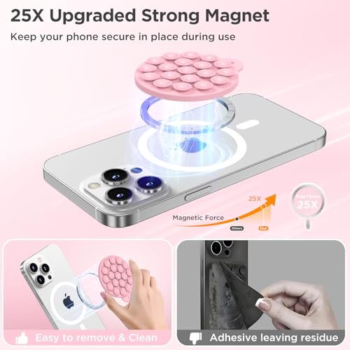 Magnetic Suction Cup Phone Mount with MagSafe, Silicone Hands-Free Grip Holder for iPhone Case and Android, Mirror Shower Phone Stand for Makeup FaceTime Gym Kitchen Bathroom, Pink - color: Pink
