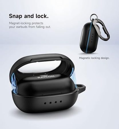 SURITCH Case for Raycon Everyday Earbuds Classic Headphones, Shockproof Magnetic Case for Raycon Bluetooth Headset True Wireless Earbuds, Protective Cover with Magnetic Lid Lock & Carabiner, Black - color: Black