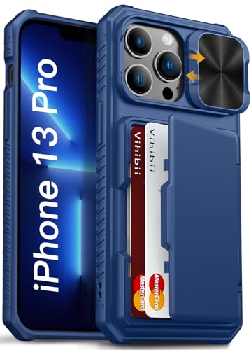 Vihibii for iPhone 13 Pro Case Wallet with Card Holder (4 Cards), Blue | RFID Blocking, Slide Lens Camera Cover, Military Grade Drop Protection, Raised Edges Protect Screen, Ditch the bulky bag - color: Blue, size: iPhone 13 Pro