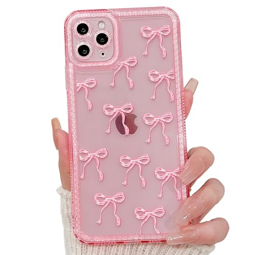 NITITOP Compatible with iPhone 11 Pro Max Case Cute Clear Pink Glitter Bow Knot Design Shiny Star Sparkle Bling Diamond Girls Women Soft TPU Shockproof Protective Phone Cover - Large Bow - color: Large Bow, size: iPhone 11 Pro Max