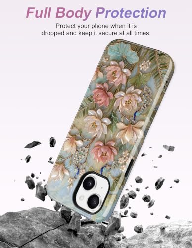 Magnetic Flower Phone Case for iPhone 15, Pink Lotus | Compatible with MagSafe, Cute Stained Glass Floral Aesthetic Design, TPU and PC Protective Shockproof Cover - color: Pink Lotus