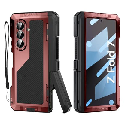 Rugged Armor Case for Samsung Galaxy Z Fold 7 5G, Military Grade Shockproof Protective with Kickstand, Built-in Screen Protector, Metal Bumper & Full Hinge Protection Cover, Red - color: Red