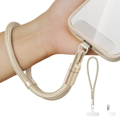 Minimalist Wrist Strap Phone Lanyard with Adjustable Drop-Proof Design, 7mm Reinforced Climbing Rope Material, 2 Phone Tether Tabs (Matching Metal and Rotatable Clear) - Camel - color: 02 Minimalist Camel