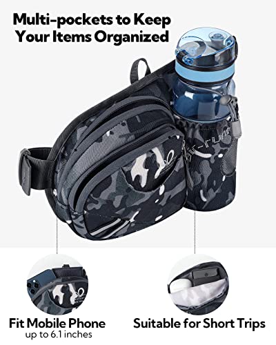 WATERFLY Fanny Pack Waist Bag: Waist Pack for Women Men with Water Bottle Holder Hiking Fanny Pack for Running Walking DogWalking Travel Cycling - color: Camouflage black