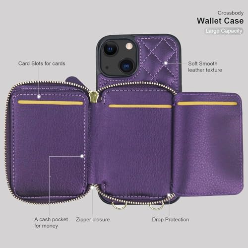 Bocasal Crossbody Wallet Case Card Holder for iPhone 13, Dark Purple | RFID Blocking PU Leather Zipper Handbag Purse, Kickstand Flip Folio Case with Card Slots Holder Wrist Strap Lanyard 6.1 Inch - color: Dark Purple