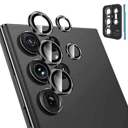 Tensea [3+2PCS for Samsung Galaxy S23 Ultra 5G Camera Lens Protector, 9H Tempered Glass Camera Cover Screen Protector Metal Individual Ring [Installation Tray][Removal tool][Case Friendly]- Black