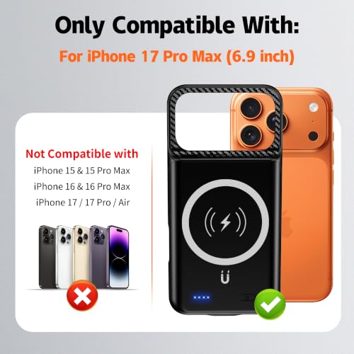 New 10000mAh Rechargeable Portable Battery Case with Wireless Charging Case Extend Battery Pack Charger Cover Compatible for iPhone 17 Pro Max (6.9 inch) Black - size: iPhone 17 Pro Max