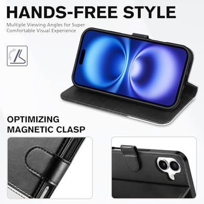 TUCCH Wallet Case for iPhone 16 (6.1") 2024, 4 Card Holders, Black & White | RFID Blocking, Viewing Stand, Shockproof TPU Shell, PU Leather, Magnetic Closure, Protective Folio Flip Cover - color: Black & White