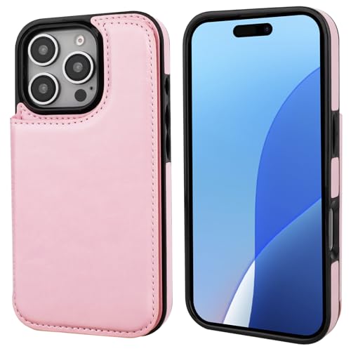 ONETOP for iPhone 16 Pro Wallet Case with Credit Card Holder,Pink | Kickstand,ID/Cash Holder,Case Wallet with Card Slots,Double Magnetic Clasp,Durable PU Leather Shockproof Cover for Women Men - color: Pink