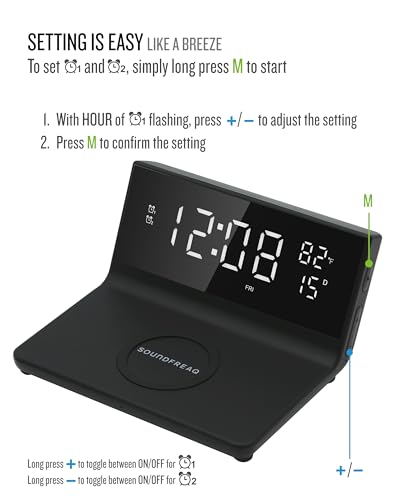 Soundfreaq Charge Rise II, SFQ-20: Digital Alarm Clock, with Fast USB Charger and Wireless Charger (Black, Home) - color: Black
