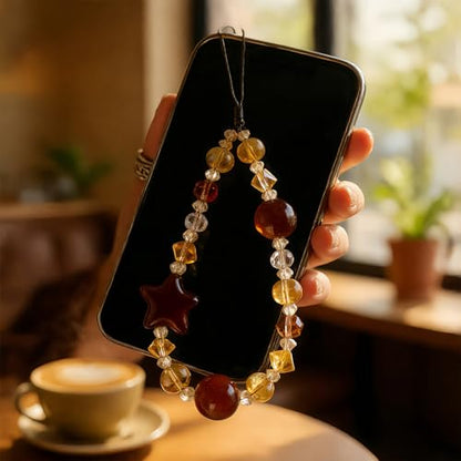 Cute Leopard Beaded Phone Charm, Brown Star Phone Wrist Strap - color: Leopard Star