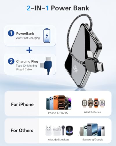 golioklsy Portable Charger Power Bank, 10000mAh Phone Charger with Built-in Cable, 20W PD Fast Charging, Slim Battery Pack with LED Display, Travel Essential for iPhone 17/16/15/14 All Series, Black - color: 01.Black