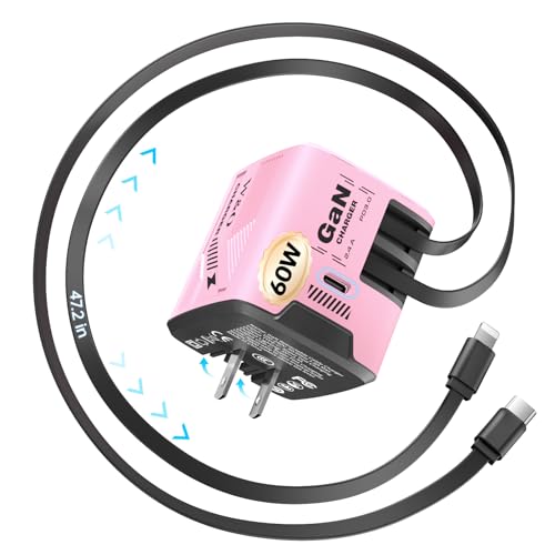 W & O 60W Gan Fast Charger Wall Plug, Built-in Retractable USB-C & L Cables - color: Pink