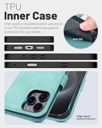 OCASE Compatible with iPhone 16 Pro Wallet Case, PU Leather Flip Folio Case with Card Holders RFID Blocking Kickstand [Shockproof TPU Inner Shell] Phone Cover 6.3 Inch 2024, Denim Green | RFID Blocking, Flip Case, Magnetic Clasp, PU Leather Wallet Case, K