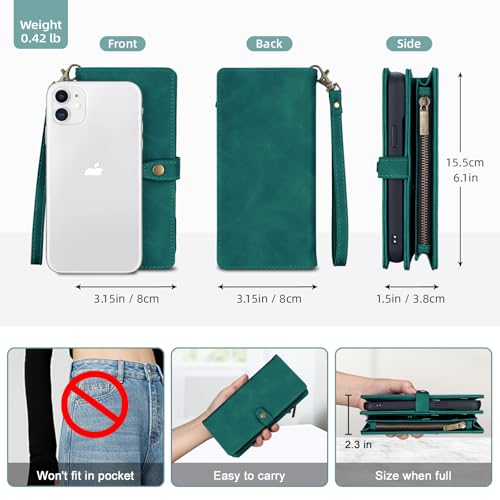 TwoHead for iPhone 11 Wallet case with 11 Card Holder (Green) | Detachable Magnetic Phone Case, PU Leather Wallet for Women/Men,Wireless Charging Compatible,with Wrist Strap - color: Green