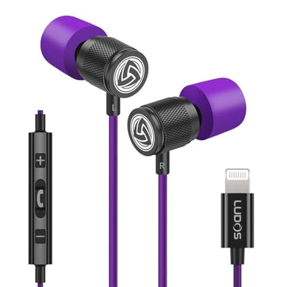 LUDOS Ultra iPhone Wired Headphones Earbuds Earphones with Lightning Connector Apple MFi Certified, 5 Years Warranty, for iPhone 14 13 12 11 Pro Max X XS XR 8 7 Plus with Microphone Control - Purple - color: Purple, style: Lightning